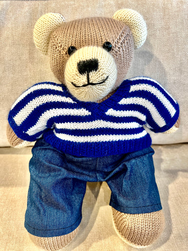 Large Teddy Bear w/Blue & White Striped Sweater and Blue Jeans