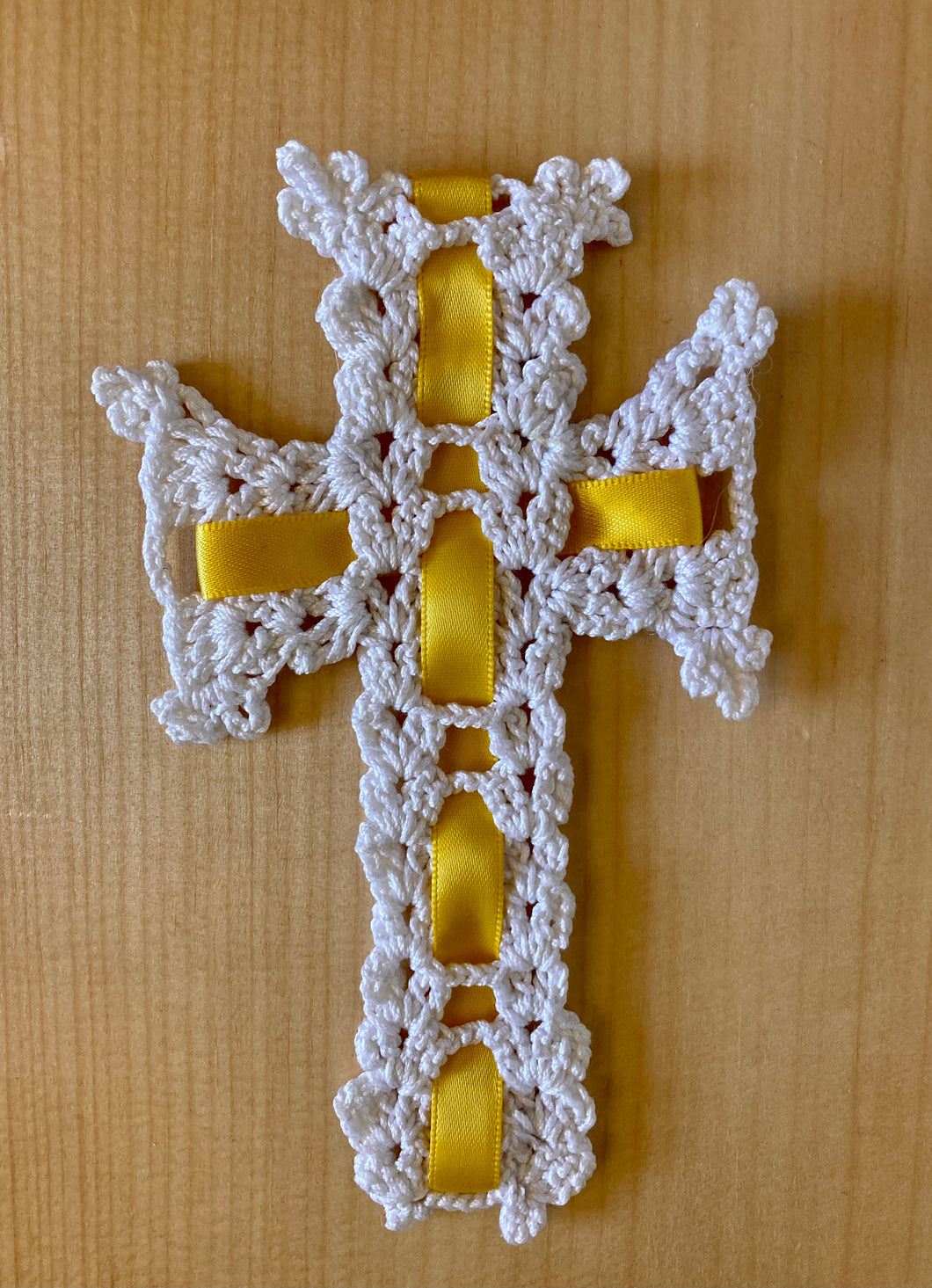Crocheted Armenian Cross with Gold Ribbon